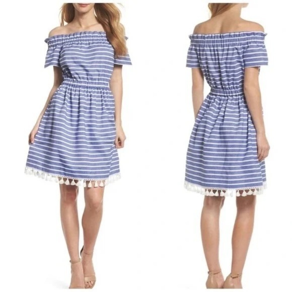 Eliza J. Off Shoulder Blue & White‎ Stripe Fit & Flare Tassel Dress Size 12